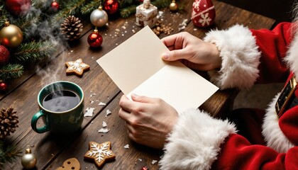 Santa Holding Blank Card by Coffee Cup Surrounded by Christmas Decor