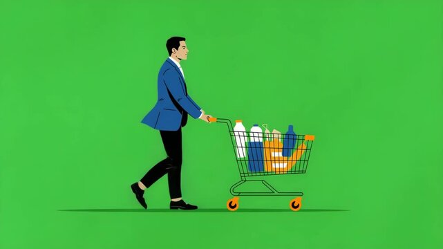 Businessman Pushing Shopping Cart Full of Groceries