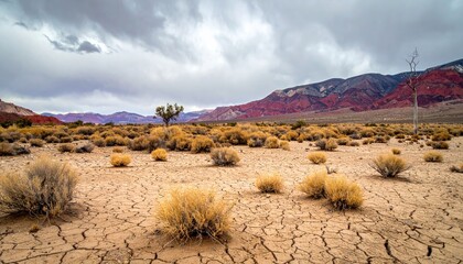 Arid cracked landscape, mountains, cloudy sky, sparse plants