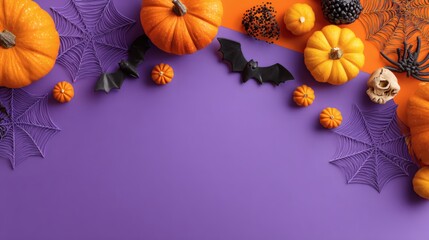 Colorful Halloween Setup with Pumpkins, Bats, and Cobweb Decorations