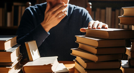 Thoughtful person surrounded by stacks of old books, deep in study or research in a library setting.