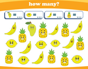 Counting game of fruits for preschool kids. Printable. Vector Illustration