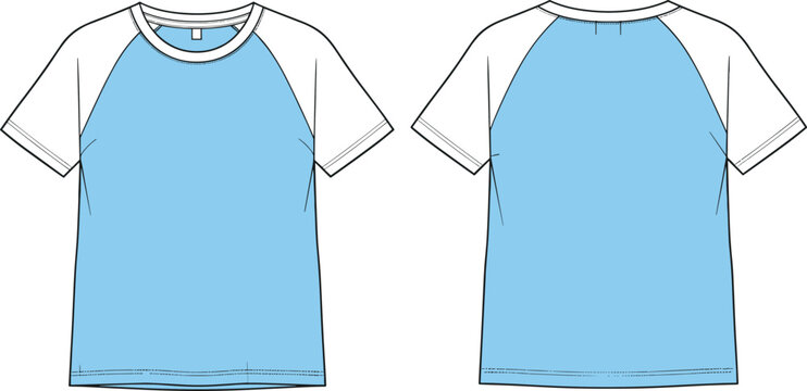 Raglan sleeve t-shirt vector illustration, baseball jersey flat sketch, front and back technical fashion drawing, blue colorblock design mockup template, isolated.