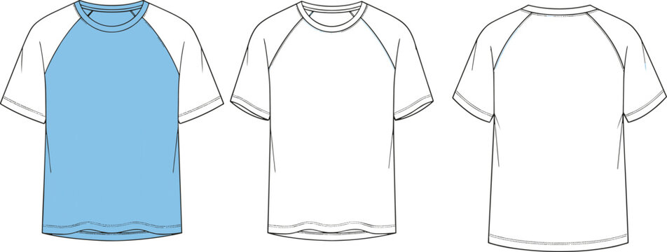 Raglan sleeve t-shirt vector illustration, baseball jersey flat sketch, front and back view technical drawing, color block design mockup template, casual sportswear apparel sketch.