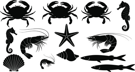 Sea animals silhouettes set, marine life vector collection, crab shrimp seahorse starfish shell fish, ocean creatures illustration, underwater wildlife icons, black isolated nature symbols. © It's Majed Here
