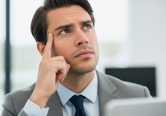 Thoughtful young businessman in a suit concentrating deeply on a difficult problem while sitting in his modern office