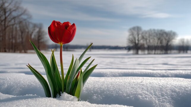A single vibrant red tulip with green leaves pushes through a blanket of white snow. In the background, a line of bare trees stands against a pale blue sky with