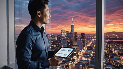 Businessman analyses data on tablet. - Powered by Adobe