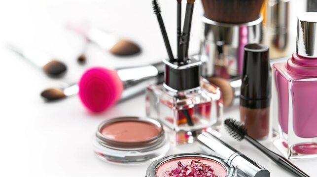 High-Definition Luxury Cosmetics Still Life on White Background &ndash; Minimalist Makeup & Skincare Product Photography for Branding, E-Commerce & Design Projects. Featuring premium lipsticks, liquid found