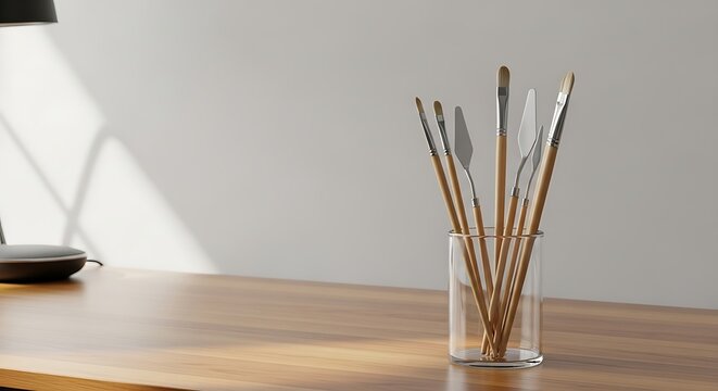 Paintbrushes in a glass on a wooden desk with natural light.