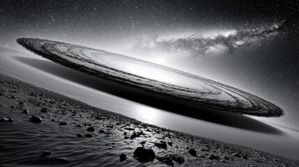 A surreal, monochrome depiction of a planet with prominent rings, set against a backdrop of a vast, star-filled galaxy and nebulae, with a rocky, alien landscap