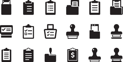 Collection of black and white icons representing various document and office related items.