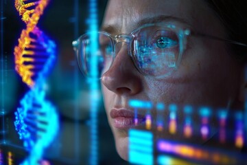 Woman Analyzing Genetic Data with Digital Interface and DNA Strand