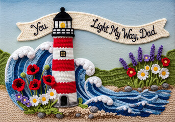 Crochet lighthouse with waves and flowers, typography “You Light My Way, Dad,”