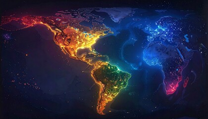 Glowing Puzzle Continent Map of the Americas in Vibrant Conceptual Artwork Style