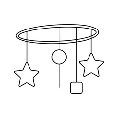 Minimalist line art baby mobile illustration with stars, a circle, and square shapes hanging gently.