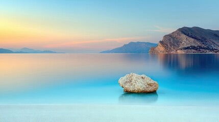 A solitary rock floats in the tranquil, turquoise water of a calm sea, with distant mountains silhouetted against a soft, pastel sunrise sky.