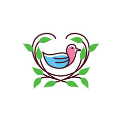 Colorful bird in heart-shaped vine wreath. Cute nature logo illustration