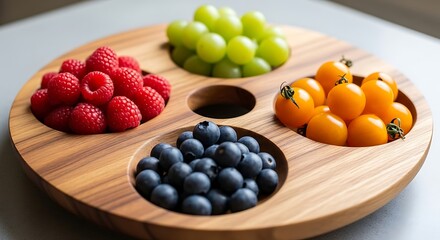 Wooden platter with fresh raspberries, blueberries, grapes, and tomatoes.