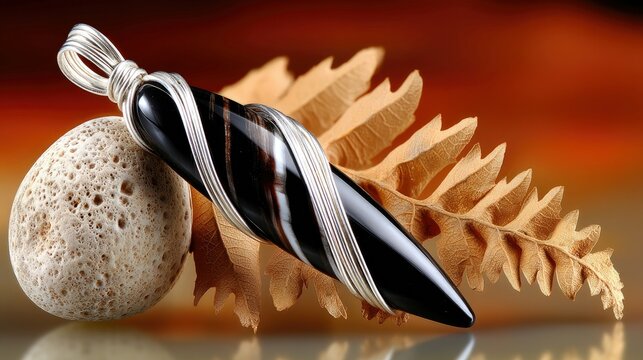 A close-up studio shot of a black agate pendant, intricately wrapped with silver wire, resting beside a textured stone and a dried fern leaf against a warm, blu