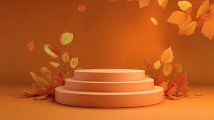 Warm Fall Background with Circular Pedestal and Falling Leaves