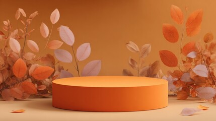 Elegant Autumn Scene with Orange Circular Podium and Leaves Display