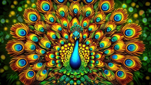 A peacock with its magnificent tail feathers fanned out, showcasing intricate patterns and vibrant colors against a backdrop of lush green foliage. - Powered by Adobe