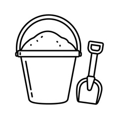 Outline icon of sand bucket filled with sand and a shovel, representing beach play and summer fun
