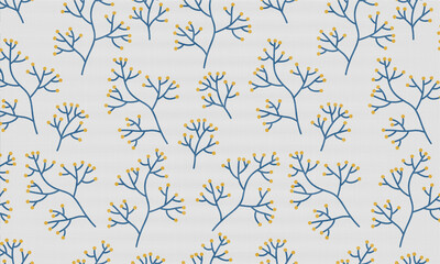 Charming blue botanical pattern with golden accents for modern designs, wallpaper, fabric, and creative projects bringing nature's beauty to your work