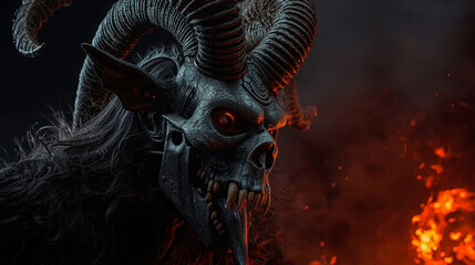 Profile of scary Krampus or demon with twisted horns and glowing eyes. Dark fantasy horror background with fire.
