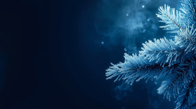 Frosted pine branch with ice crystals on dark blue background with mist. Winter night, Christmas magic and copy space concept.