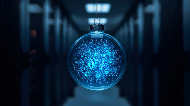 Glass Christmas ball with glowing digital particles hanging in server room. High-tech holiday and data center concept.