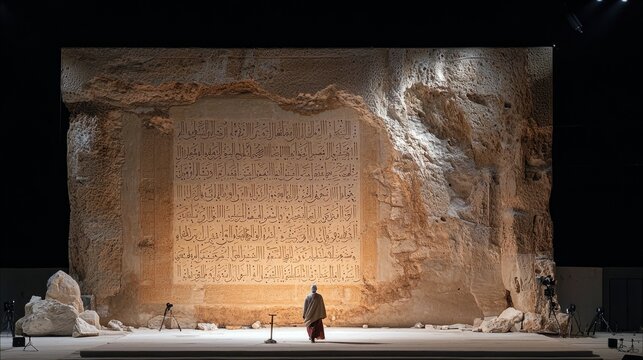 A lone person in traditional clothing stands facing a massive, carved stone slab with Arabic calligraphy, illuminated by spotlights in a dark, theatrical settin