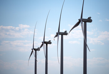 Wind turbines generating renewable energy in motion. Power technology. Wind turbines producing electricity from wind. Green energy. Windmills and calm. Renewable energy system. Energy generation.