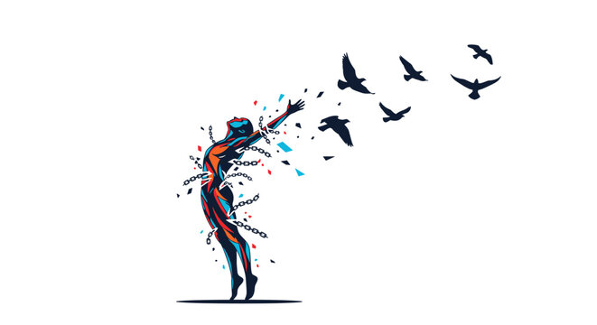 A colorful stylized human figure breaks free from confining chains as birds fly into the open air, symbolizing freedom and new beginnings.