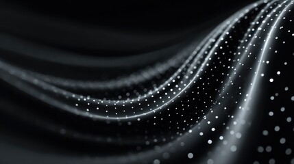 A flowing, abstract design featuring shimmering particles against a dark background, creating a sense of movement and depth.