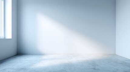 A minimalist, empty room with white walls and concrete floor, illuminated by soft natural light from a window.