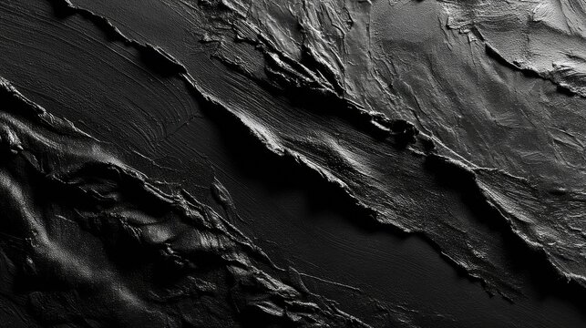 A close-up, abstract view of a dark, textured surface with deep ridges and valleys, highlighted by dramatic lighting that emphasizes its rough, uneven topograph