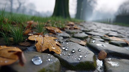 A stunning, low-angle, macro shot captures crystal clear water droplets resting on a wet brown autumn leaf and dark cobblestones beside green grass, set against a mysterious, misty