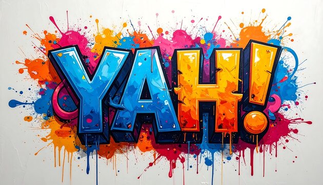 Colorful graffiti art that spells out the word "YAH!" The letters are three-dimensional, bold, and accented with bright paint splatters