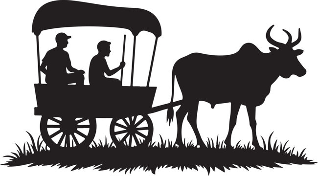 Black silhouette of bullock cart with two people and grass