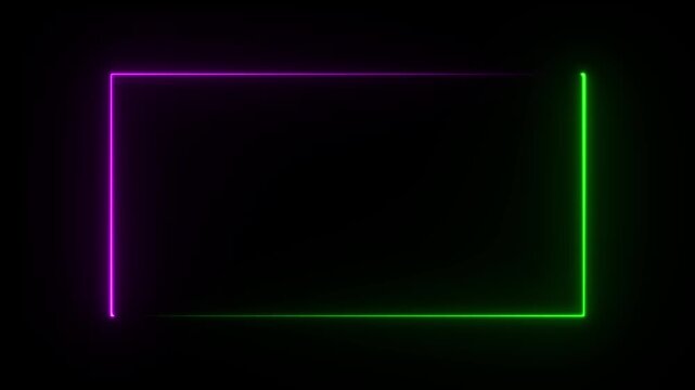 Dual Colored Neon Rectangular Frame Green and Purple with Open Corners on Black Background abstract border