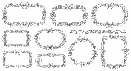 Collection of decorative frames with ribbon bows in outline style illustration