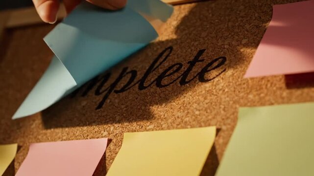 A close-up shot of a hand peeling away a blue sticky note from a cork bulletin board to reveal the word complete, symbolizing finalization