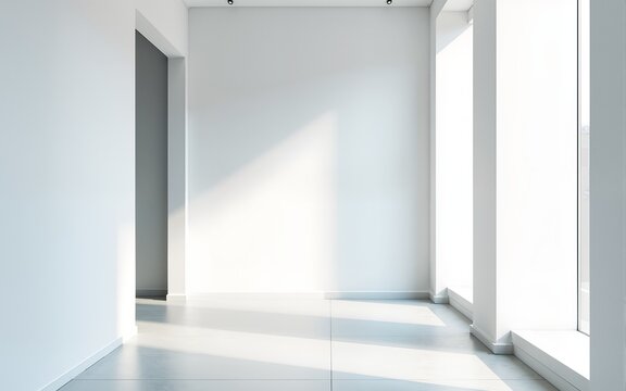 A contemporary white office corridor features a window showing the meeting room and a white wall. High quality