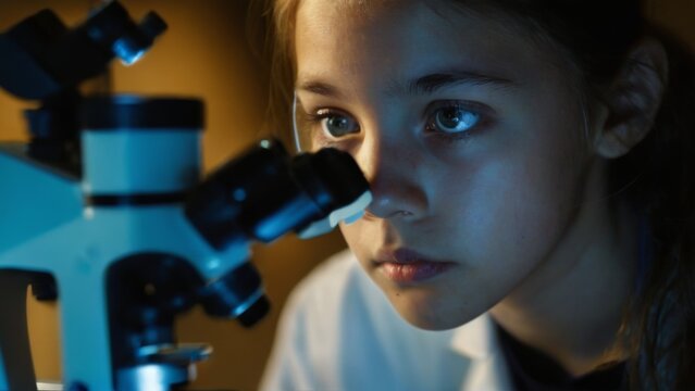 Young girl in a white lab coat intently working with a microscope in a laboratory setting.