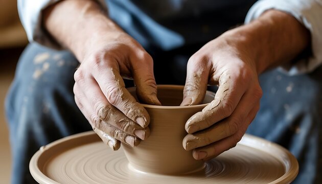 Potter hands molding wet clay on a pottery wheel, crafting a new ceramic bowl during an artistic workshop - Powered by Adobe