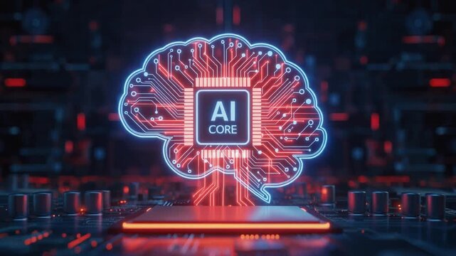 Abstract brain circuit board with "AI CORE" text at its center, representing artificial intelligence and technology