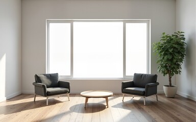 Fototapeta premium Neutral room with a wide window, ideal for virtual meetings or professional calls. High quality