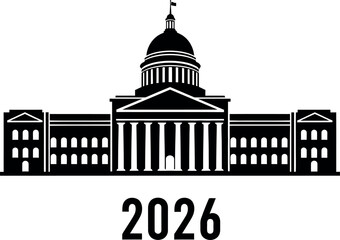 Vector Illustration of US Capitol Building Silhouette with 2024 for Election, Politics, and Government Design